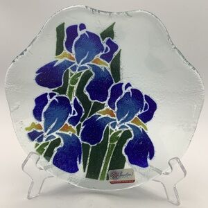Peggy Karr Hand Fused Glass Bowl Featuring Blue Irises